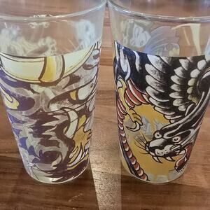 (2) Ed Hardy Oriental Asian Geisha Collector Beer Bar Drinking Glasses Lot 16oz